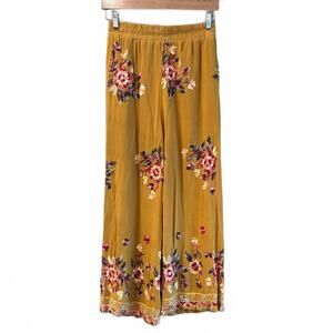Forgotten Grace Womens Mustard Yellow Embroidered Floral Wide Leg Pants Size M